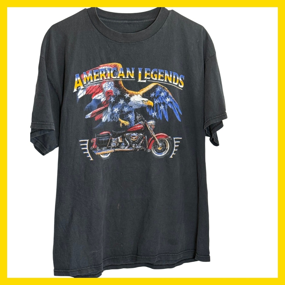 Vintage American Legends Motorcycle Eagle Graphic T-Shirt Faded Black Mens XL